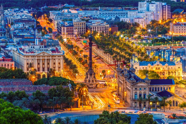 Mirador de Colom at night, Barcelona, Spain